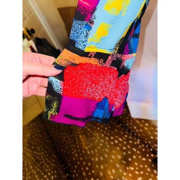 ALI MILES Bright Artsy Abstract Print 3/4 Flutter Sleeve Blouse S Artsy Travel - Picture 9 of 12